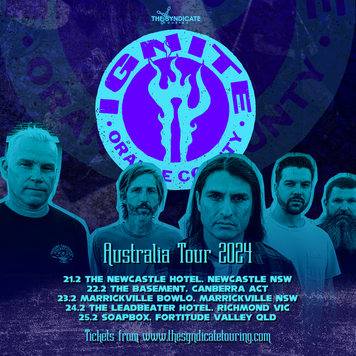 IGNITE Australia Tour 2024 poster with a band photo and shows from February 21 to 25 in Newcastle, Canberra, Marrickville, Richmond and Fortitude Valley