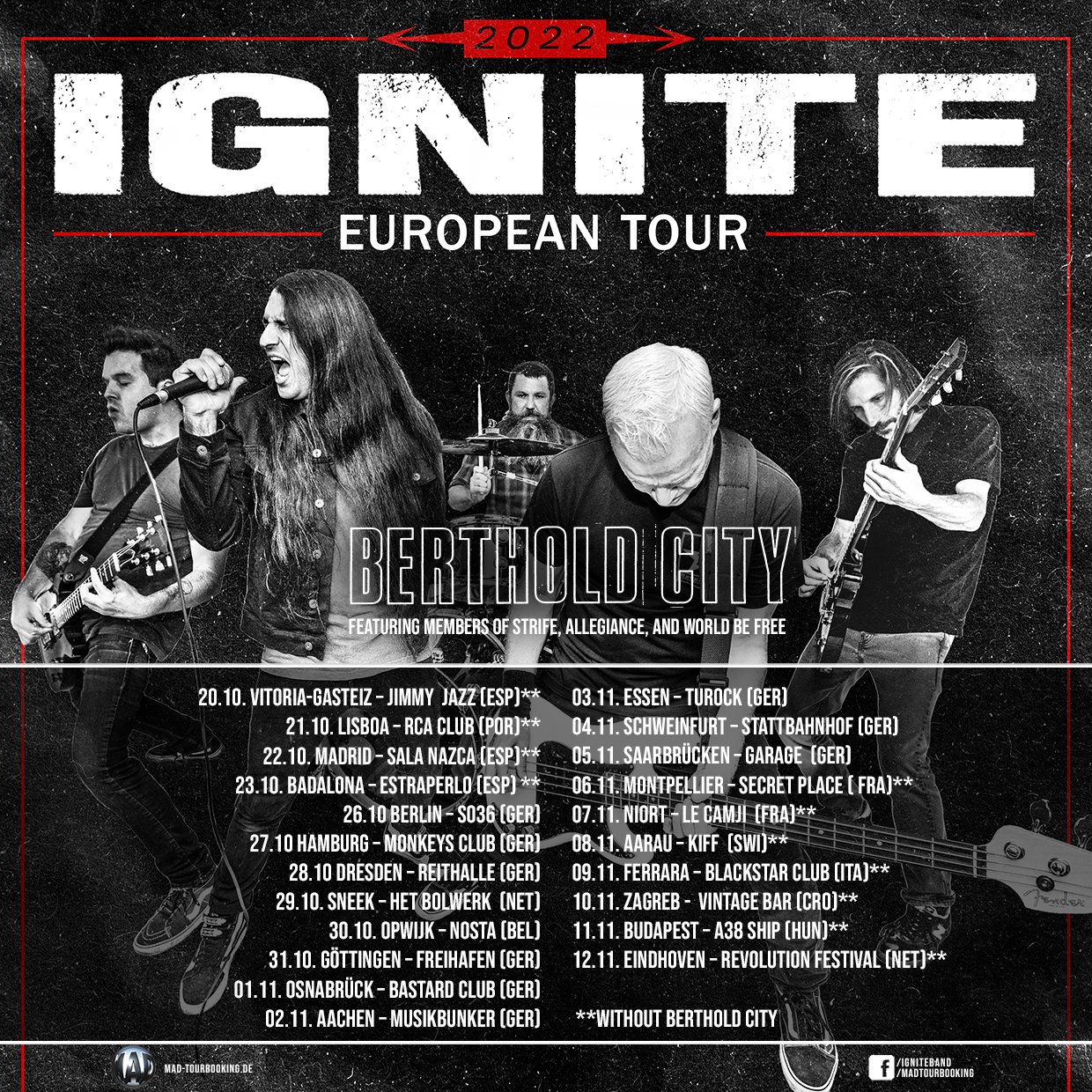IGNITE European Tour 2022 poster with Berthold City and tour dates from October 20 in Vitoria-Gasteiz to November 12 in Eindhoven
