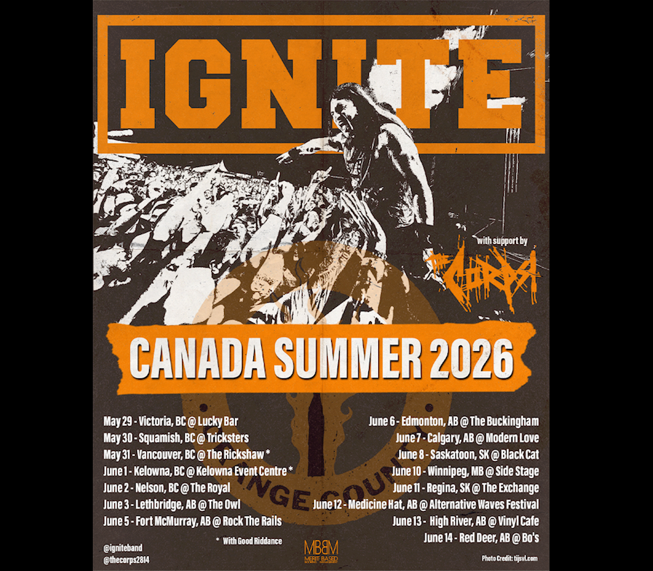 Orange and black IGNITE Canada Summer 2026 tour poster with dates from May 29 to June 14