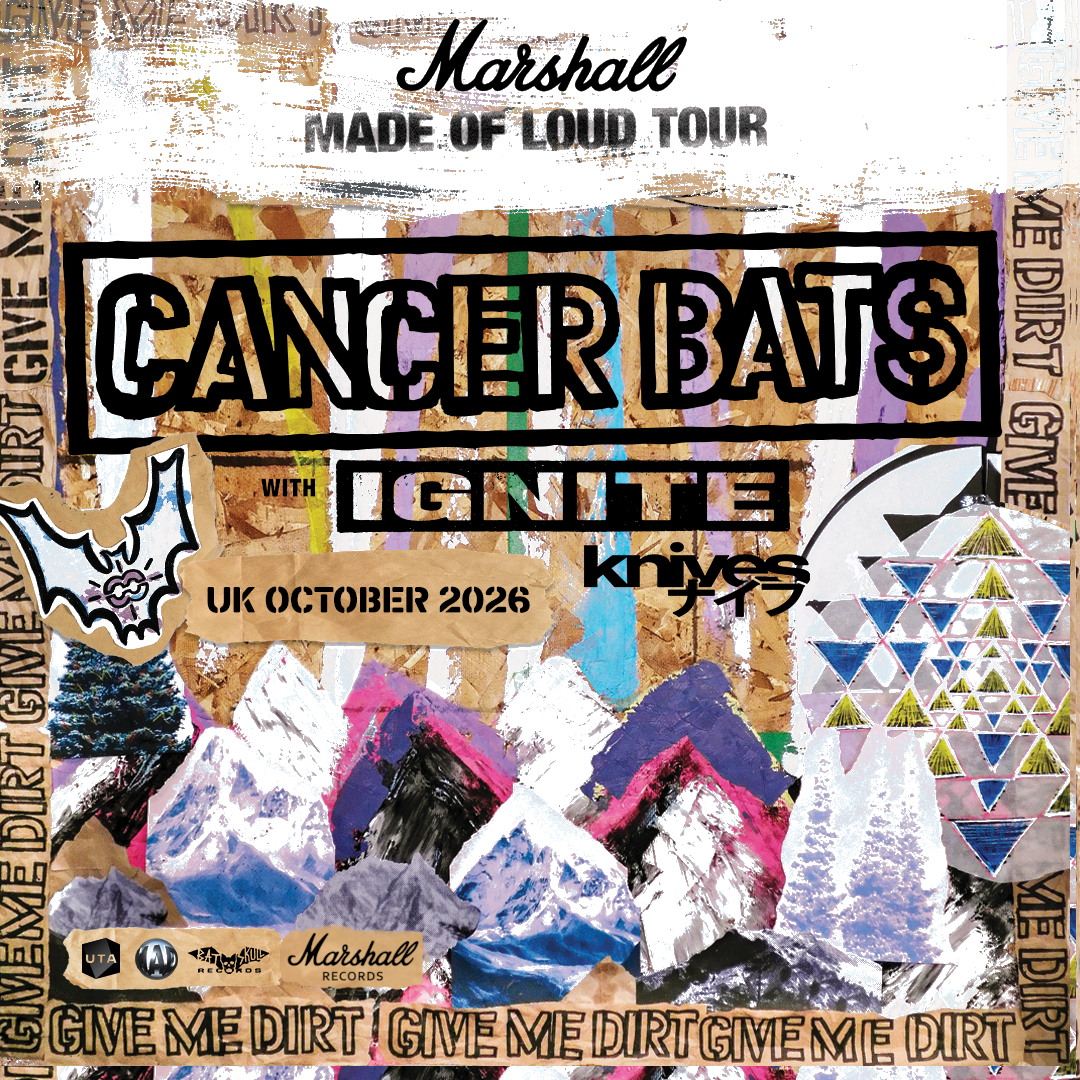 Colorful poster for the IGNITE and Cancer Bats UK tour in October 2026 with Knives