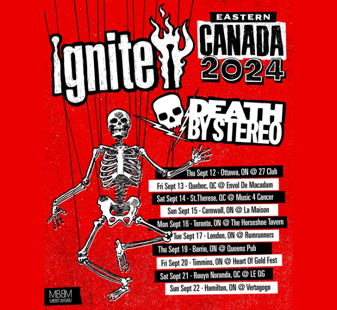 IGNITE and Death By Stereo Eastern Canada 2024 tour poster with dates from September 12 in Ottawa to September 22 in Hamilton