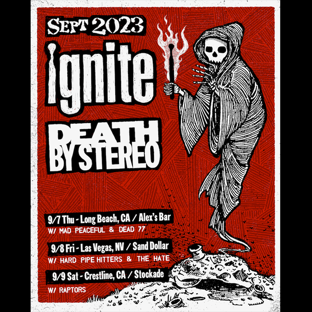 IGNITE and Death By Stereo September 2023 poster with shows in Long Beach and Crestline, California and Las Vegas