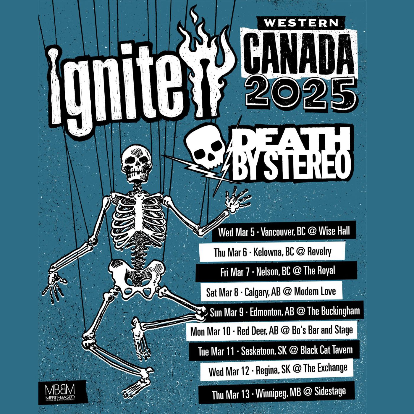 IGNITE and Death By Stereo Western Canada 2025 tour poster with a skeleton puppet and dates from March 5 to March 13