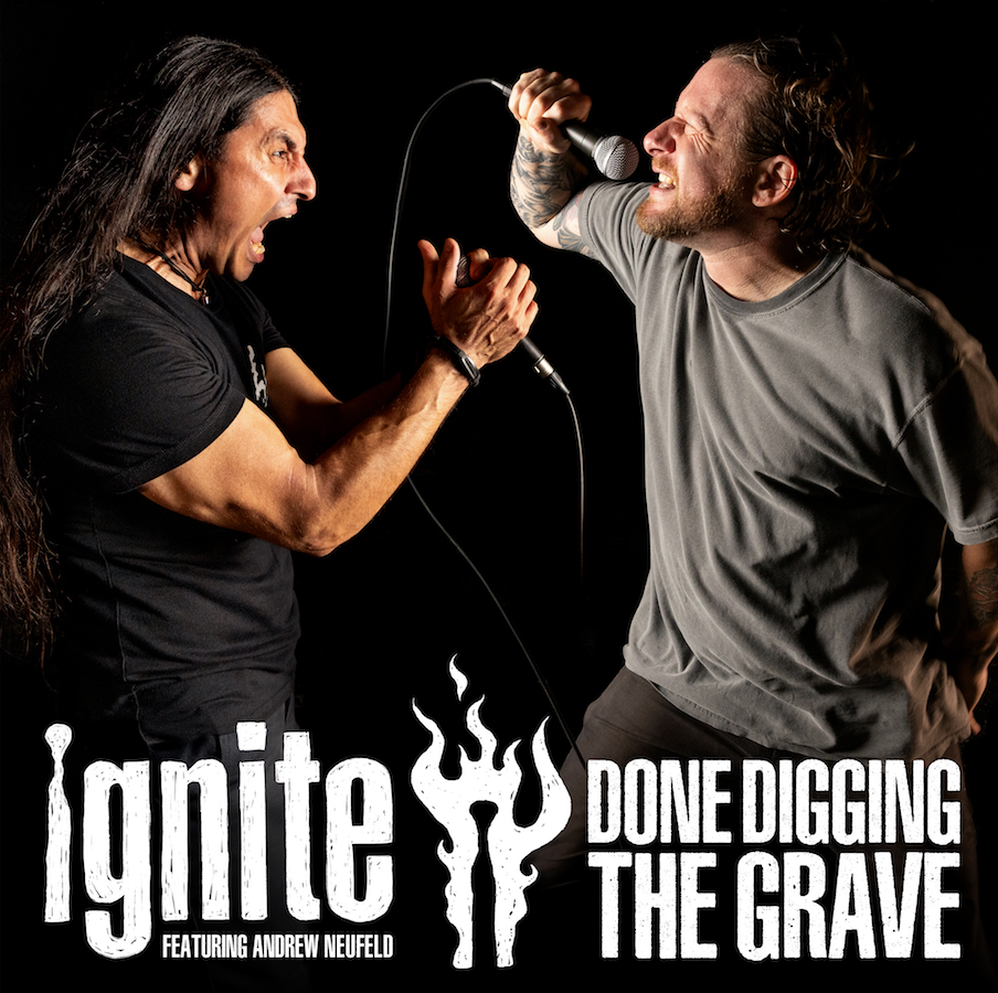 Two vocalists face to face on the cover of IGNITE's Done Digging The Grave, featuring Andrew Neufeld of Comeback Kid