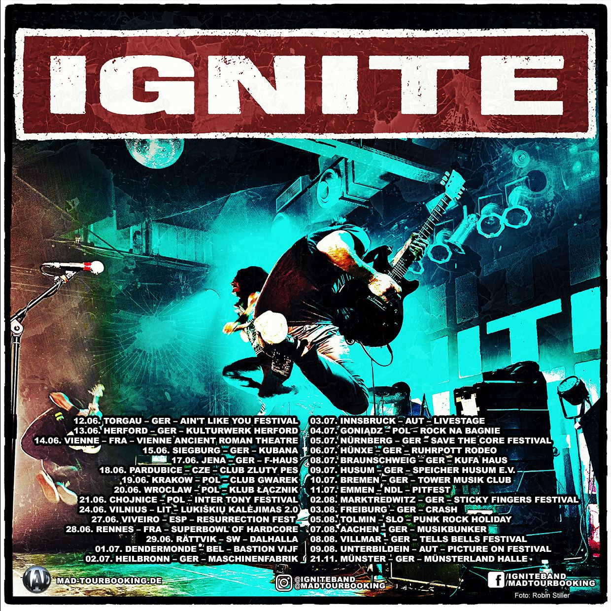 IGNITE Europe 2025 summer tour poster with a live stage photo and dates for June, July and August