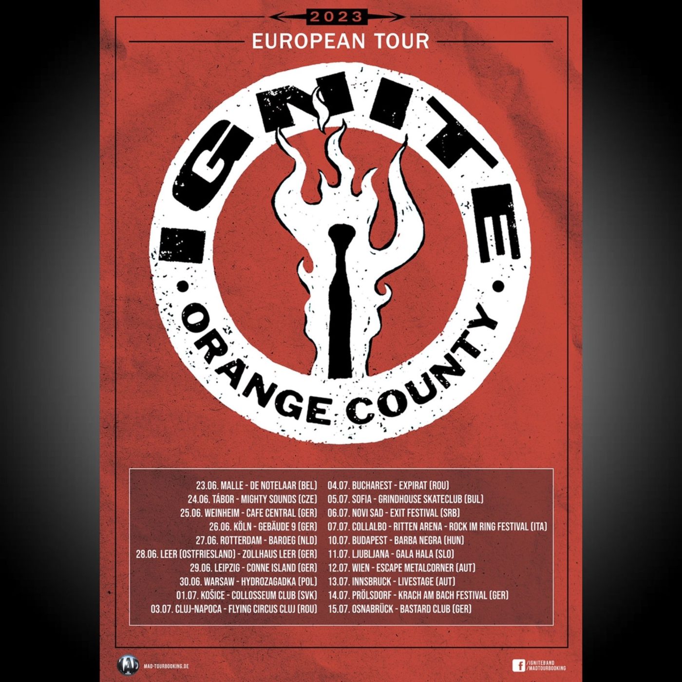 Red IGNITE European Tour 2023 poster with the Orange County logo and a list of summer dates
