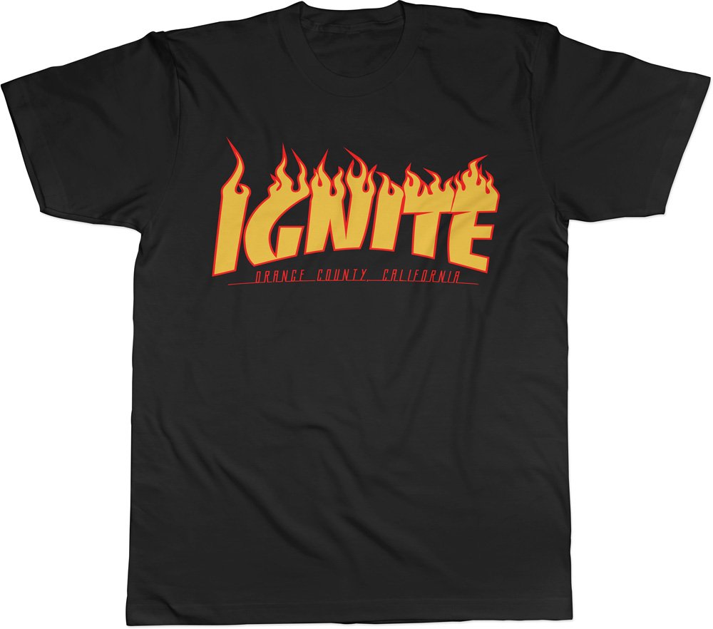 Black IGNITE t-shirt with an orange and yellow flame logo