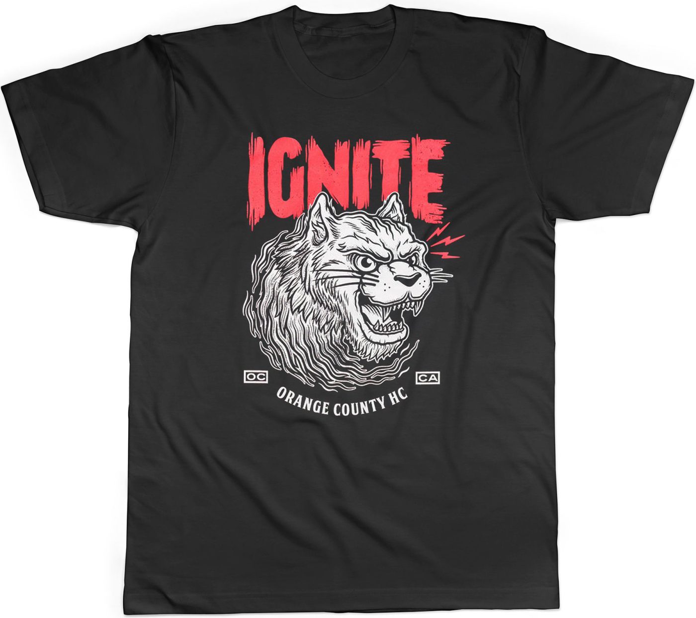 Black IGNITE t-shirt with a red and white lion design and Orange County