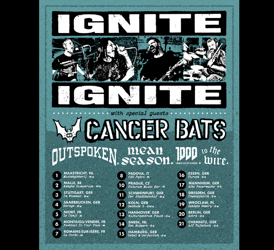 Teal poster for the IGNITE and Cancer Bats November 2026 Europe tour