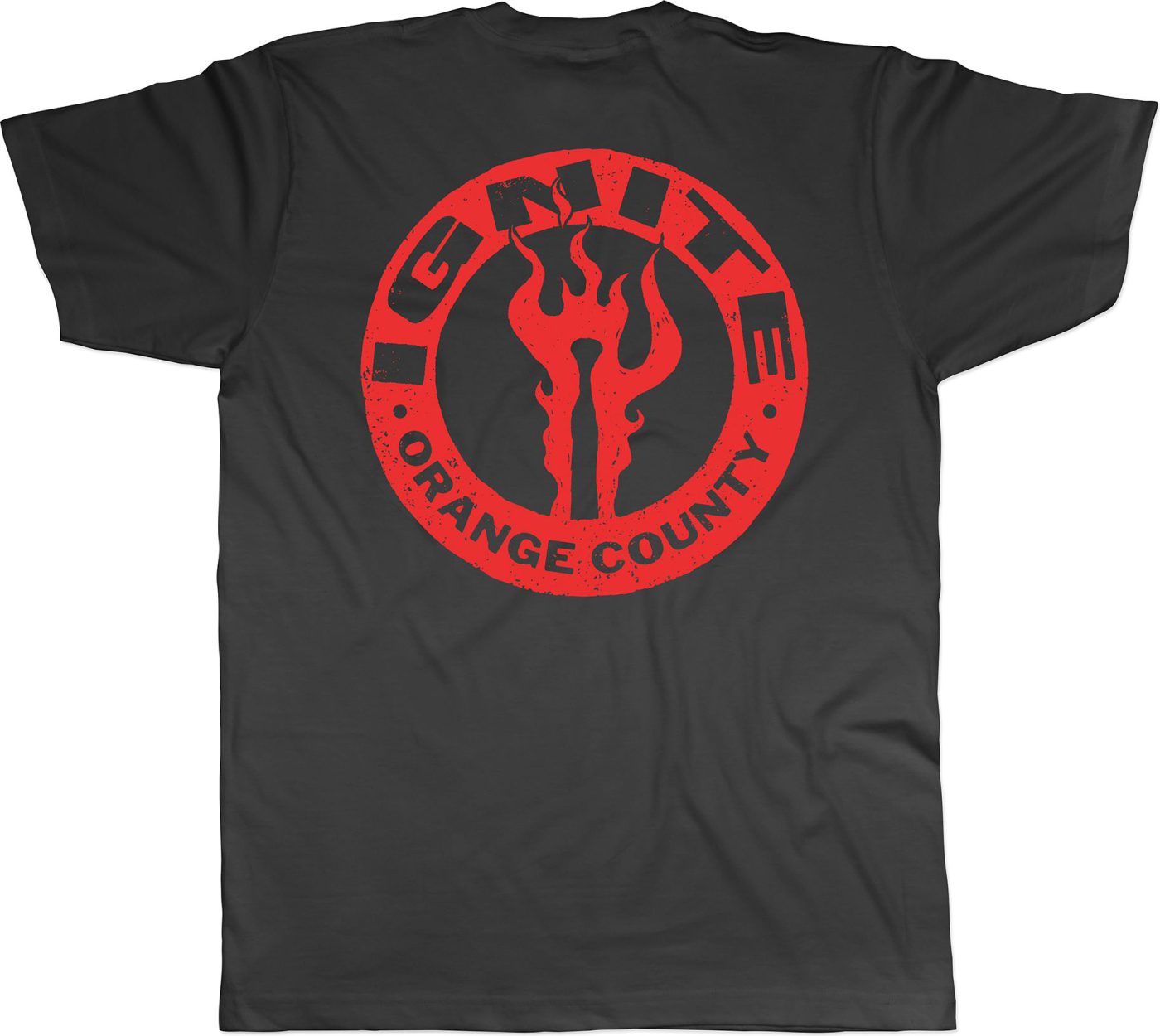 Black IGNITE t-shirt with a red flaming emblem and Orange County