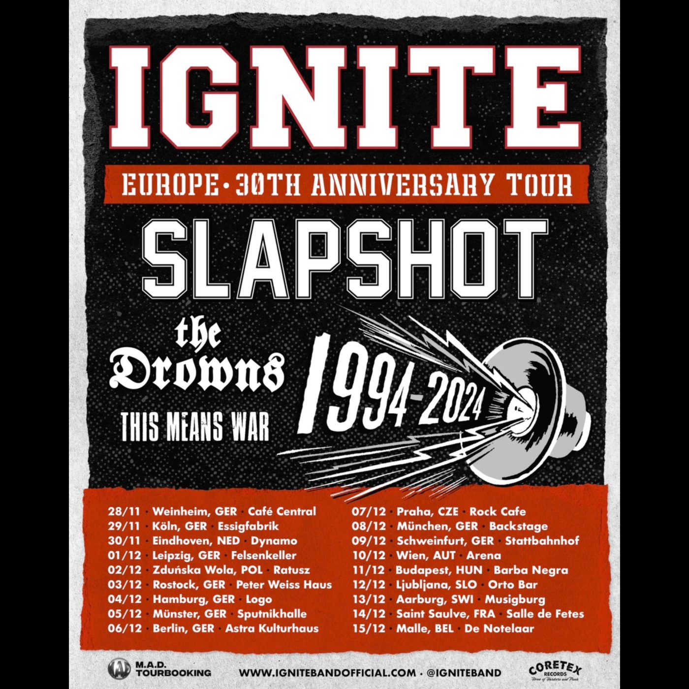 IGNITE Europe 30th Anniversary Tour poster with Slapshot and The Drowns, marking 1994 to 2024