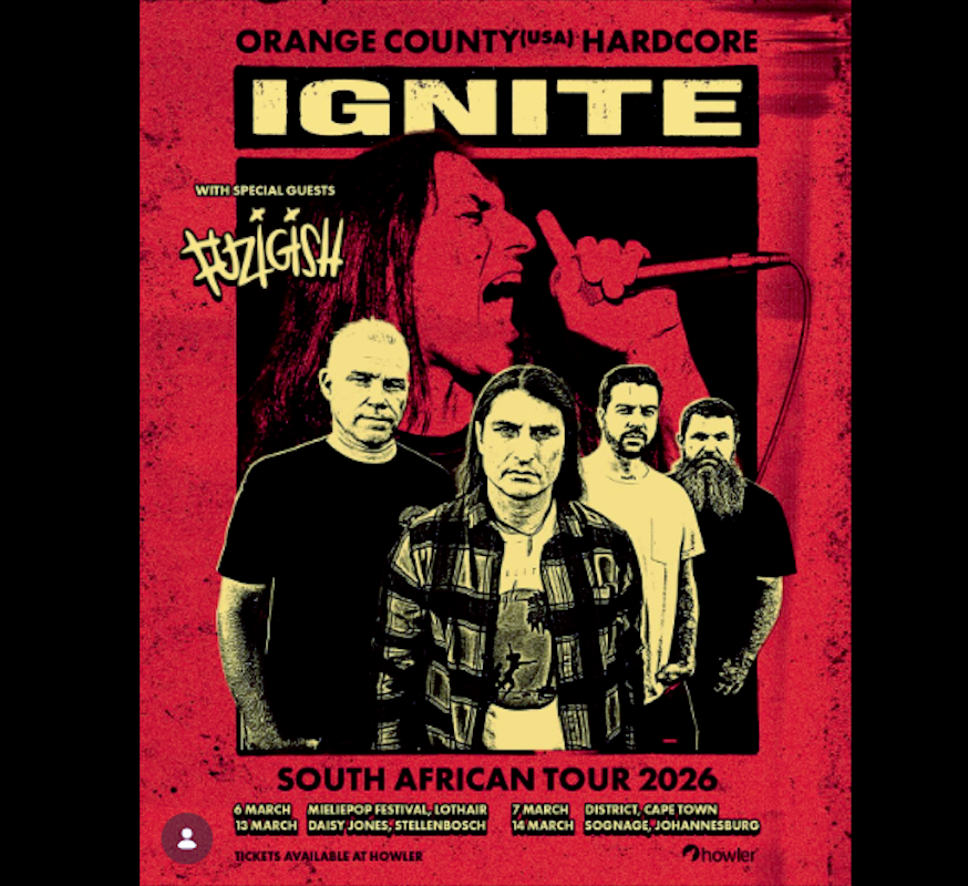 Red poster for the IGNITE South African Tour 2026 with a photo of the band