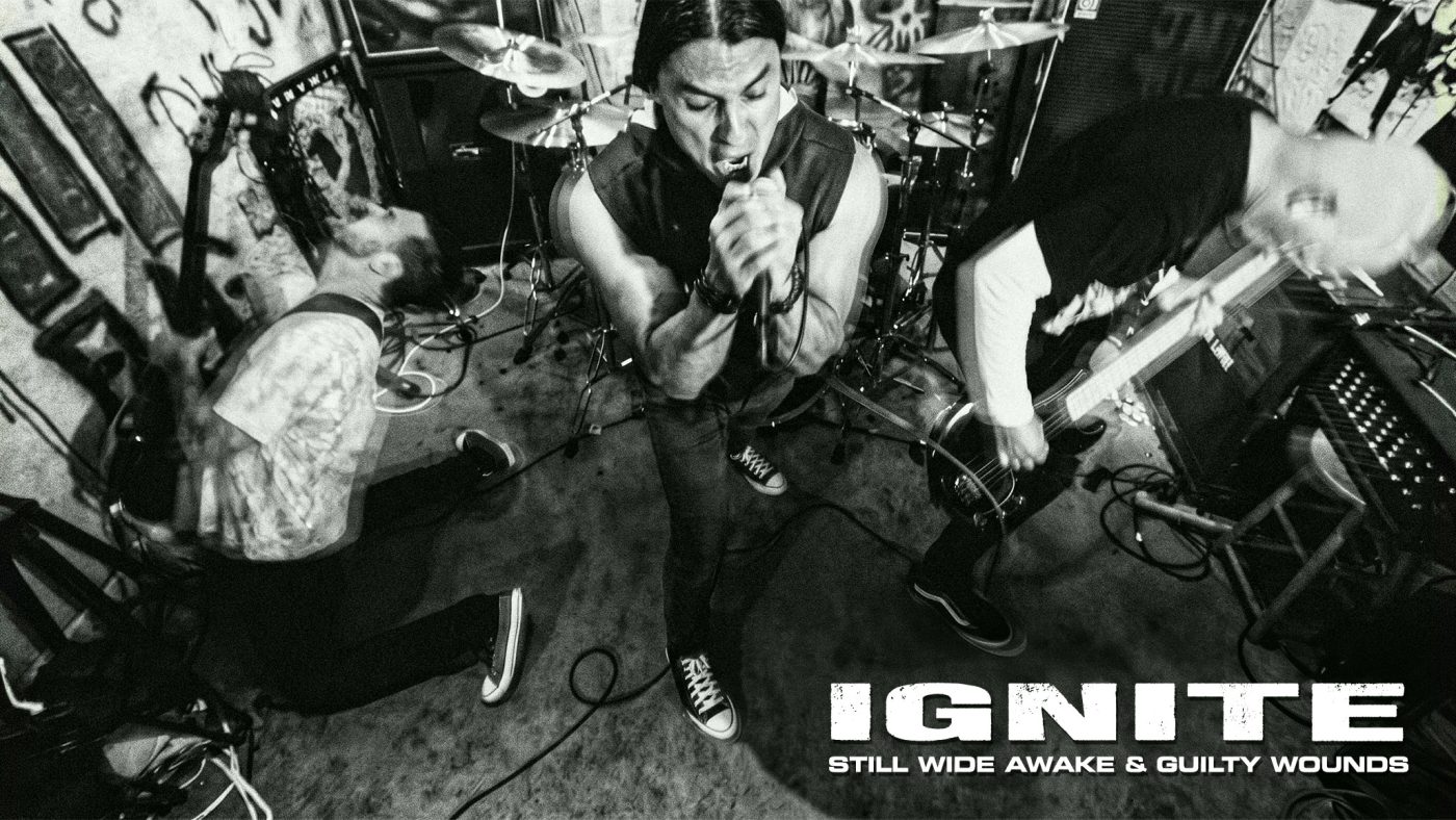 IGNITE performing in the Still Wide Awake and Guilty Wounds music videos, black and white from above, with the song titles over the image