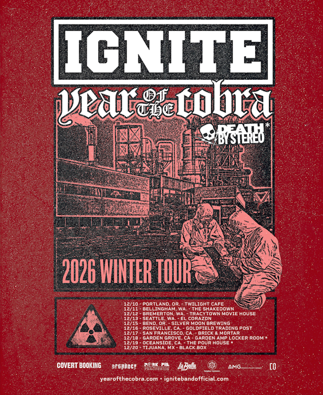 Red poster for the IGNITE and Year of the Cobra 2026 West Coast winter tour with Death By Stereo