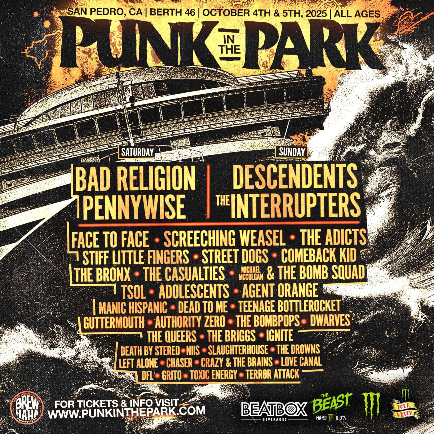 Punk In The Park 2025 lineup poster for October 4 and 5 in San Pedro with Bad Religion, Pennywise, Descendents and IGNITE