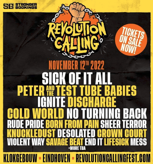 Revolution Calling festival poster for November 12 2022 in Eindhoven with Sick of It All, IGNITE, Discharge and Peter and the Test Tube Babies