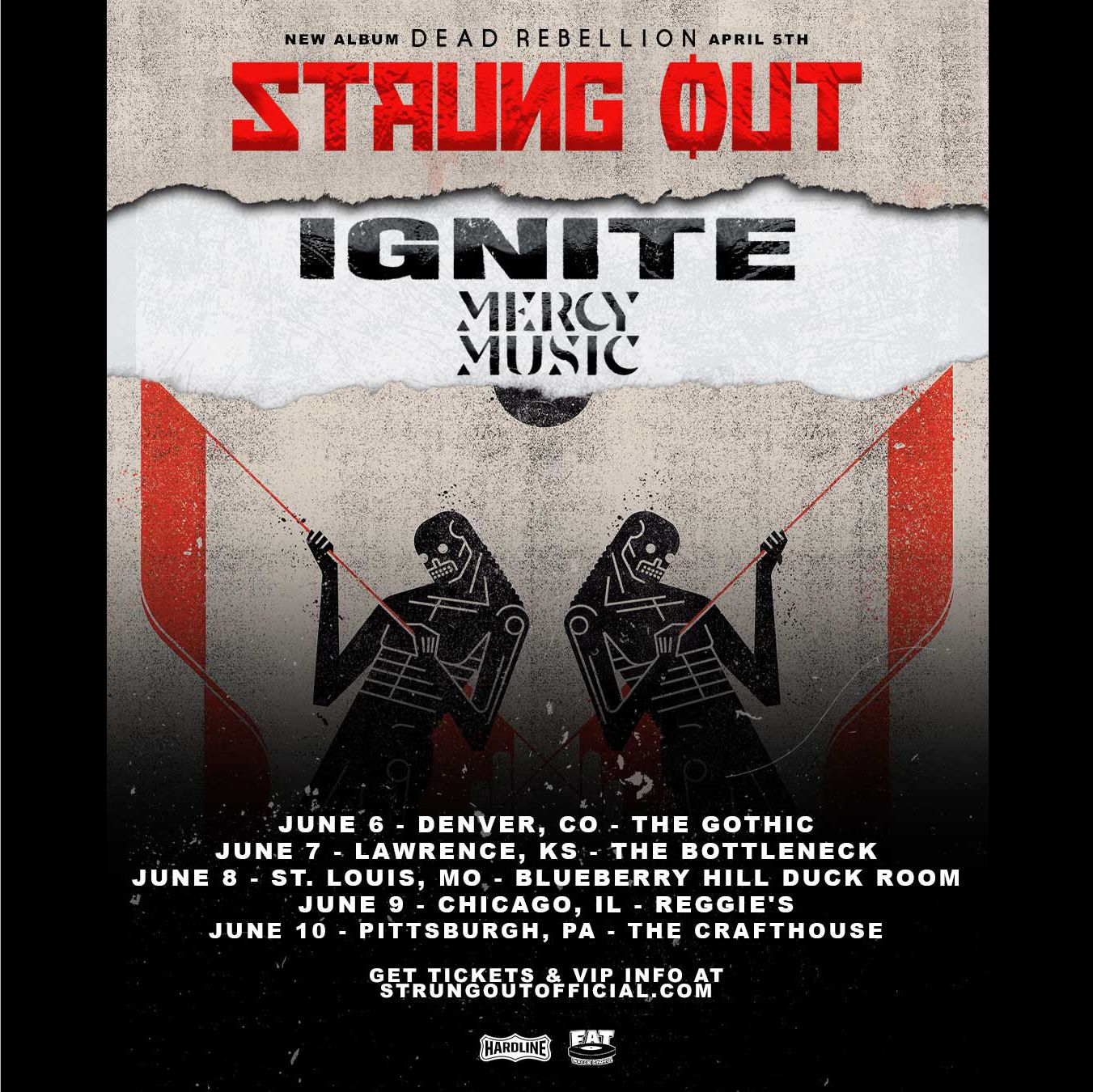 Strung Out US tour poster for June 2024 with IGNITE and Mercy Music, with shows in Denver, Lawrence, St. Louis, Chicago and Pittsburgh