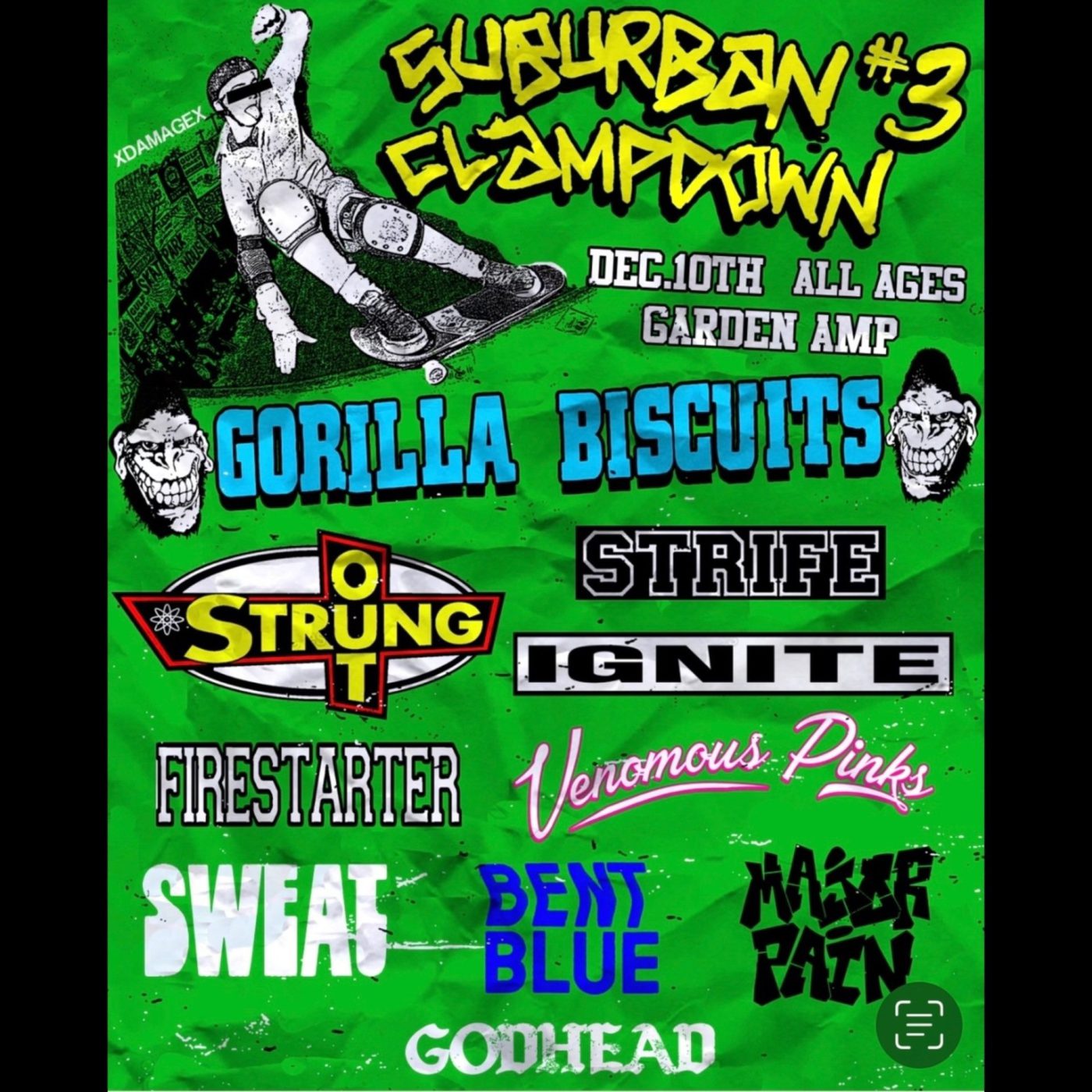 Suburban Clampdown 3 poster for December 10 at the Garden Amp with Gorilla Biscuits, Strife, Strung Out, IGNITE and more bands